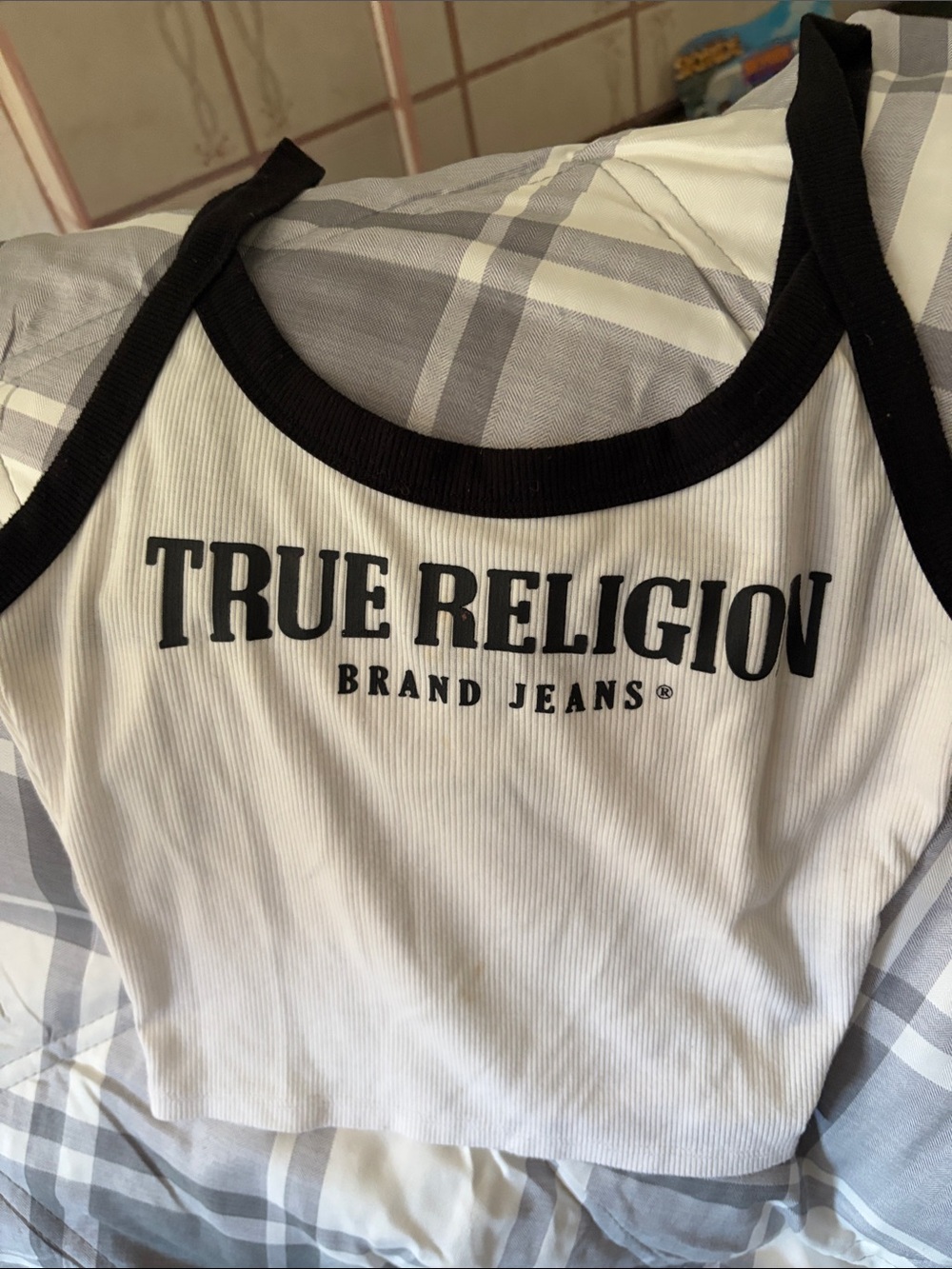 True Religion White Ribbed Tank with Black Trim and Logo
